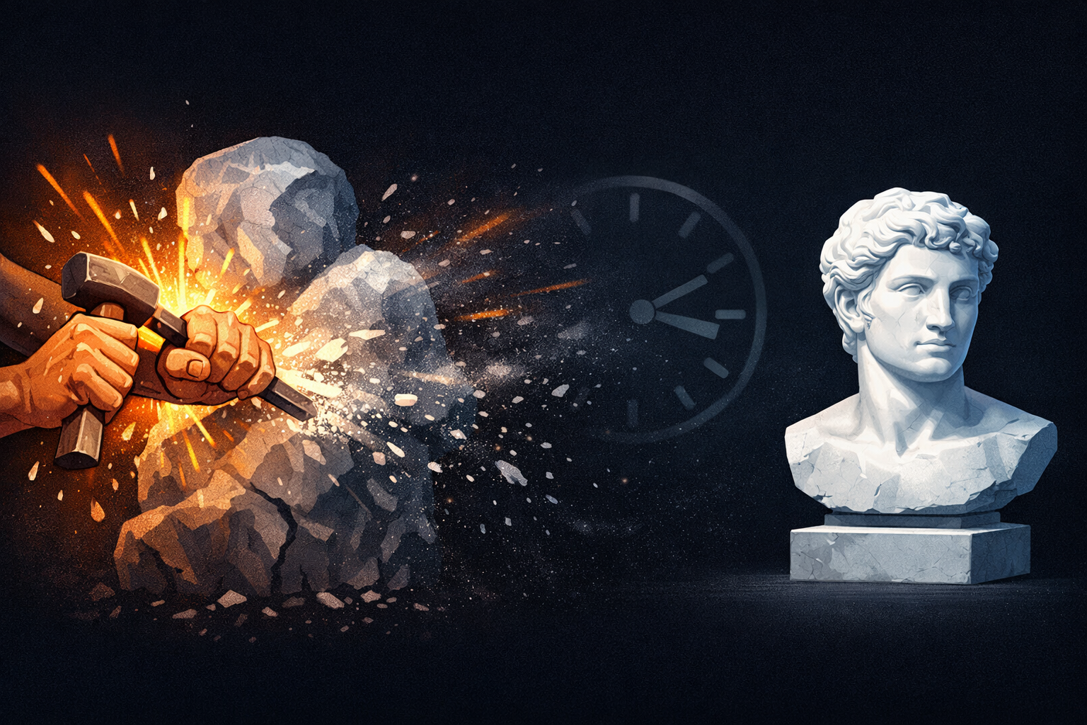 A sculptor chiseling stone - the sculpture evidences labor but doesn't contain it, just like Bitcoin